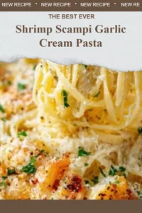 Delicious shrimp scampi garlic cream pasta served in a bowl