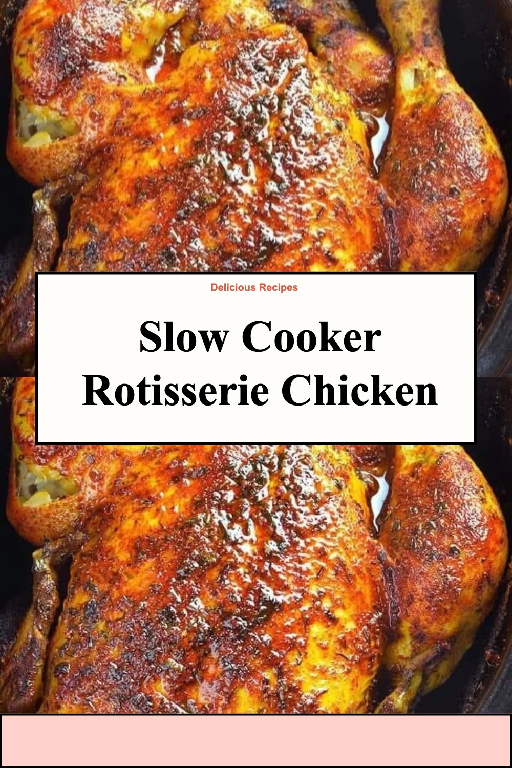 Slow cooker rotisserie chicken cooking in a pot with herbs and spices.