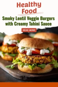 Smoky lentil veggie burgers with creamy tahini sauce served on a plate