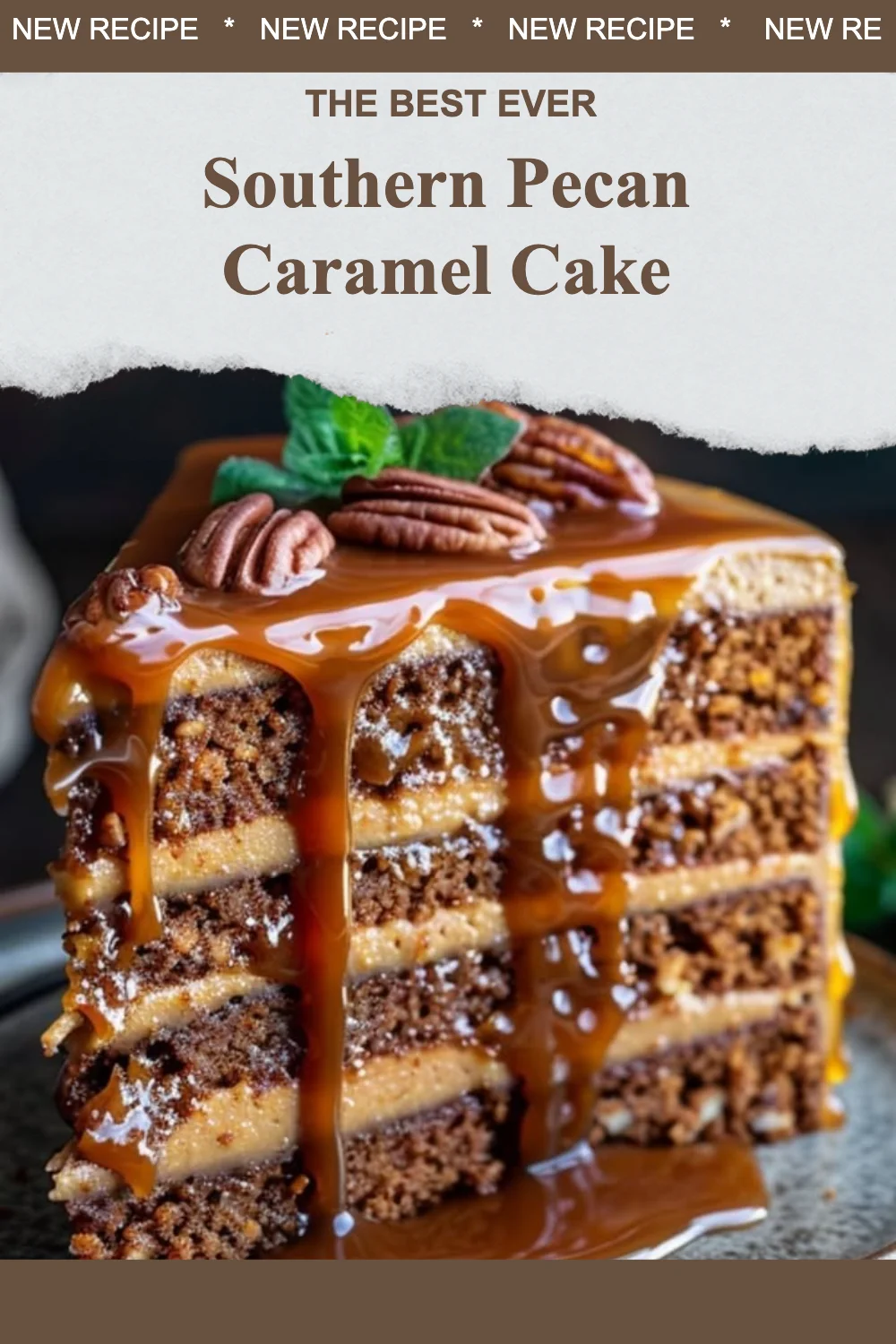 Delicious Southern Pecan Caramel Cake with a rich caramel glaze and pecans