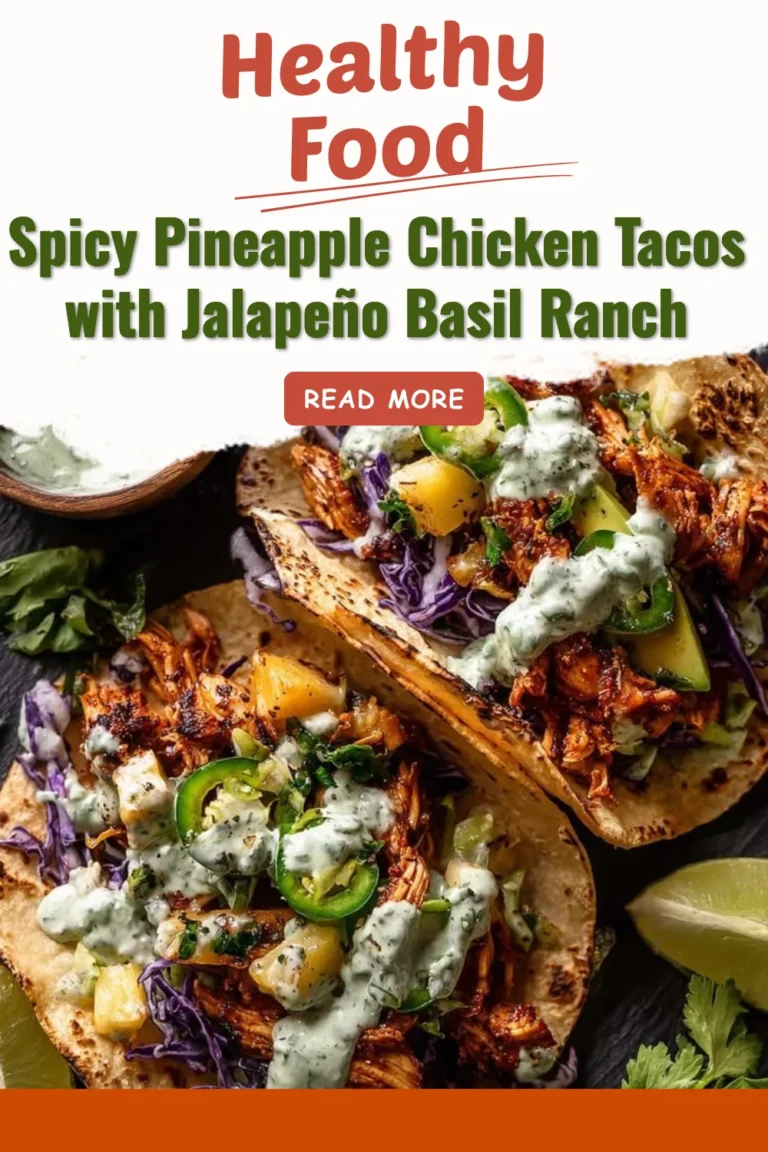 Delicious Spicy Pineapple Chicken Tacos topped with JalapeƱo Basil Ranch dressing