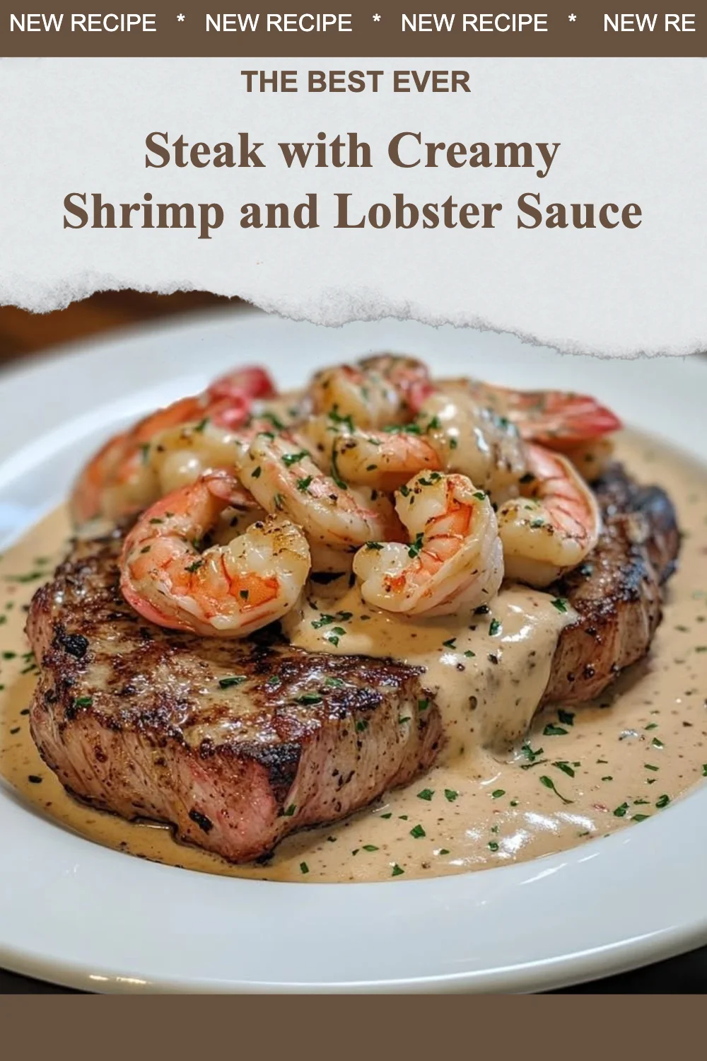 Steak garnished with creamy shrimp and lobster sauce on a plate