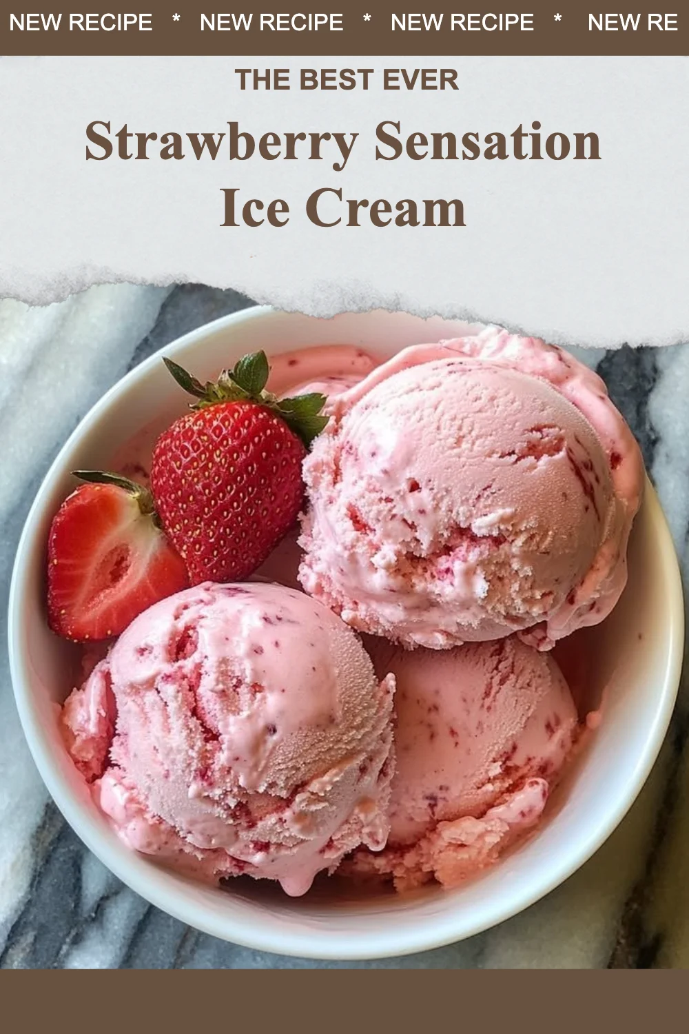 Delicious strawberry ice cream in a bowl topped with fresh strawberries.