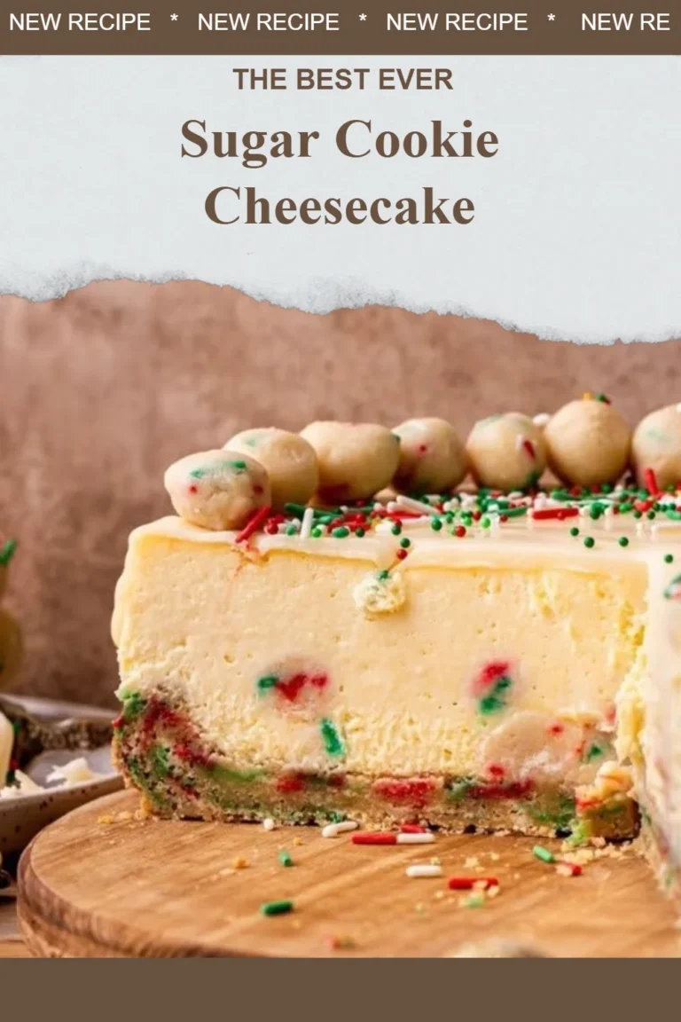 Delicious sugar cookie cheesecake topped with sprinkles and whipped cream