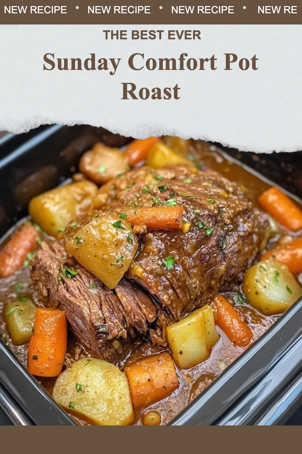 Delicious Sunday Comfort Pot Roast served with vegetables on a cozy dining table.
