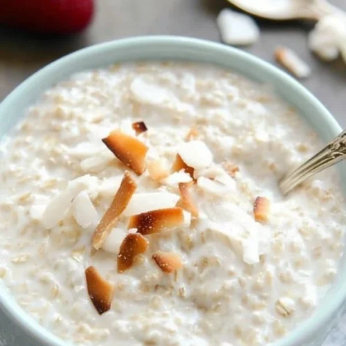 Bowl of tasty coconut cream oats topped with fresh fruits and nuts.