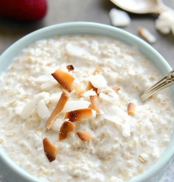 Bowl of tasty coconut cream oats topped with fresh fruits and nuts.
