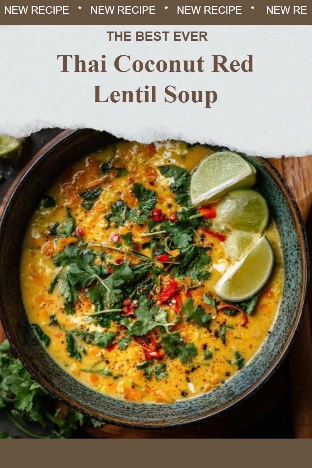 Bowl of Thai Coconut Red Lentil Soup with garnishes