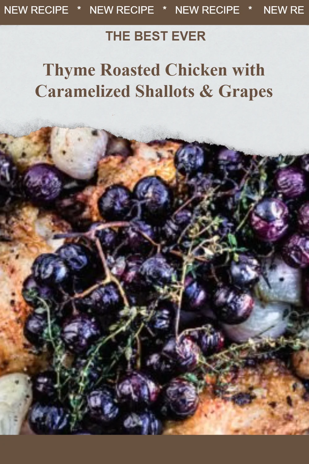 Thyme roasted chicken with caramelized shallots and grapes served on a plate