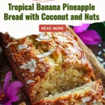 Tropical banana pineapple bread with coconut and nuts on a kitchen counter