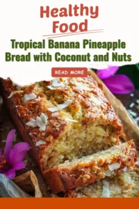 Tropical banana pineapple bread with coconut and nuts on a kitchen counter