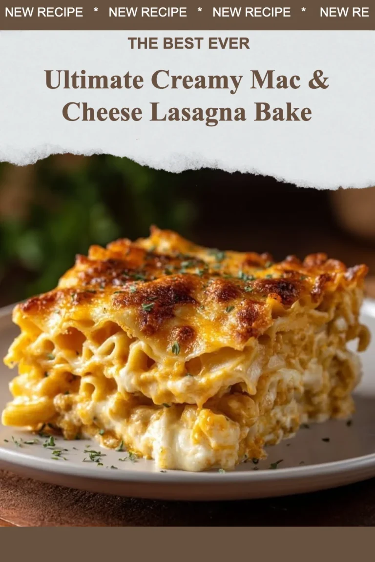 Ultimate creamy mac and cheese lasagna bake in a serving dish