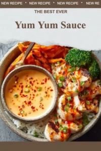 Bowl of homemade Yum Yum Sauce served with dipping vegetables