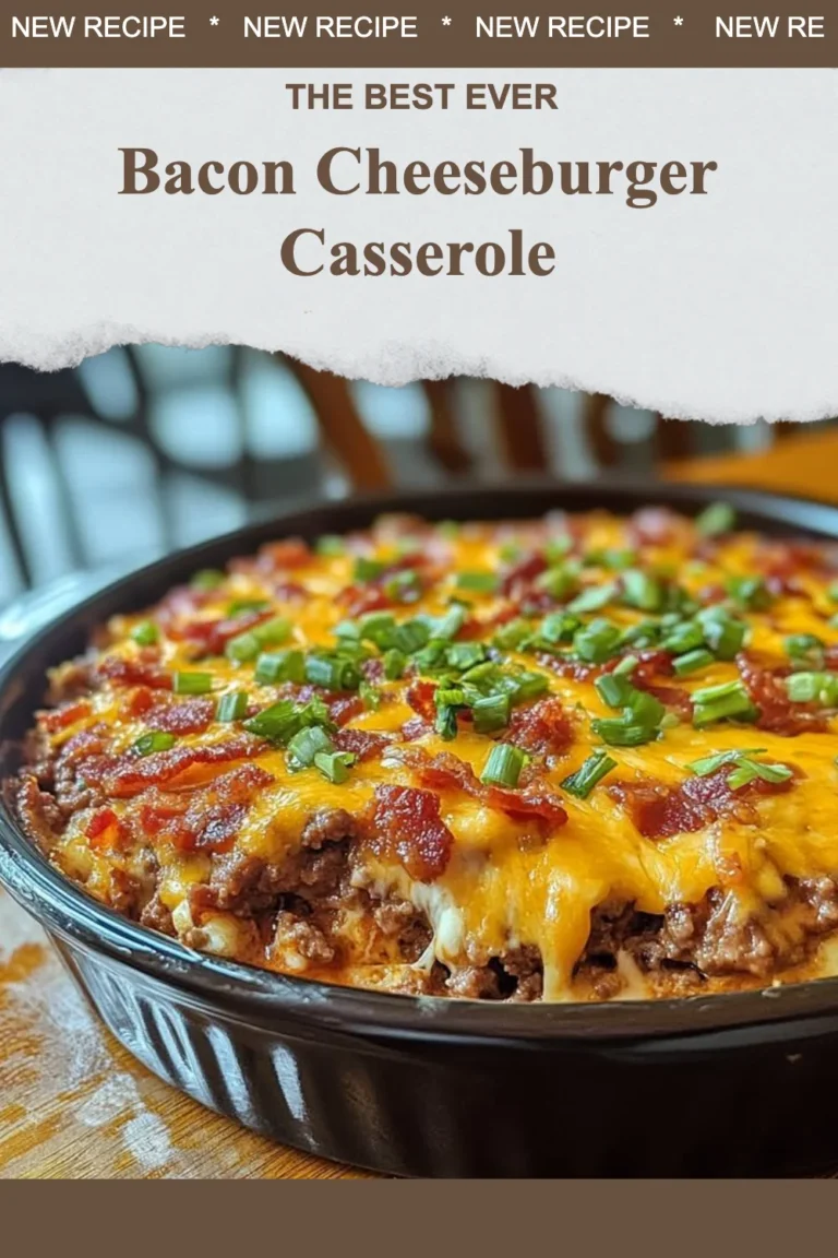 Delicious bacon cheeseburger casserole topped with melted cheese and crispy bacon.