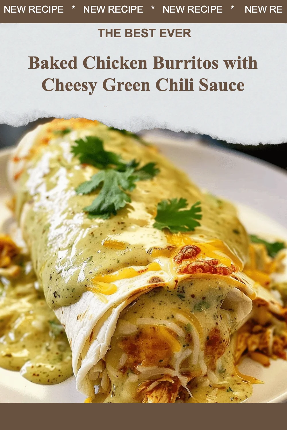 Baked chicken burritos with cheesy green chili sauce served on a plate