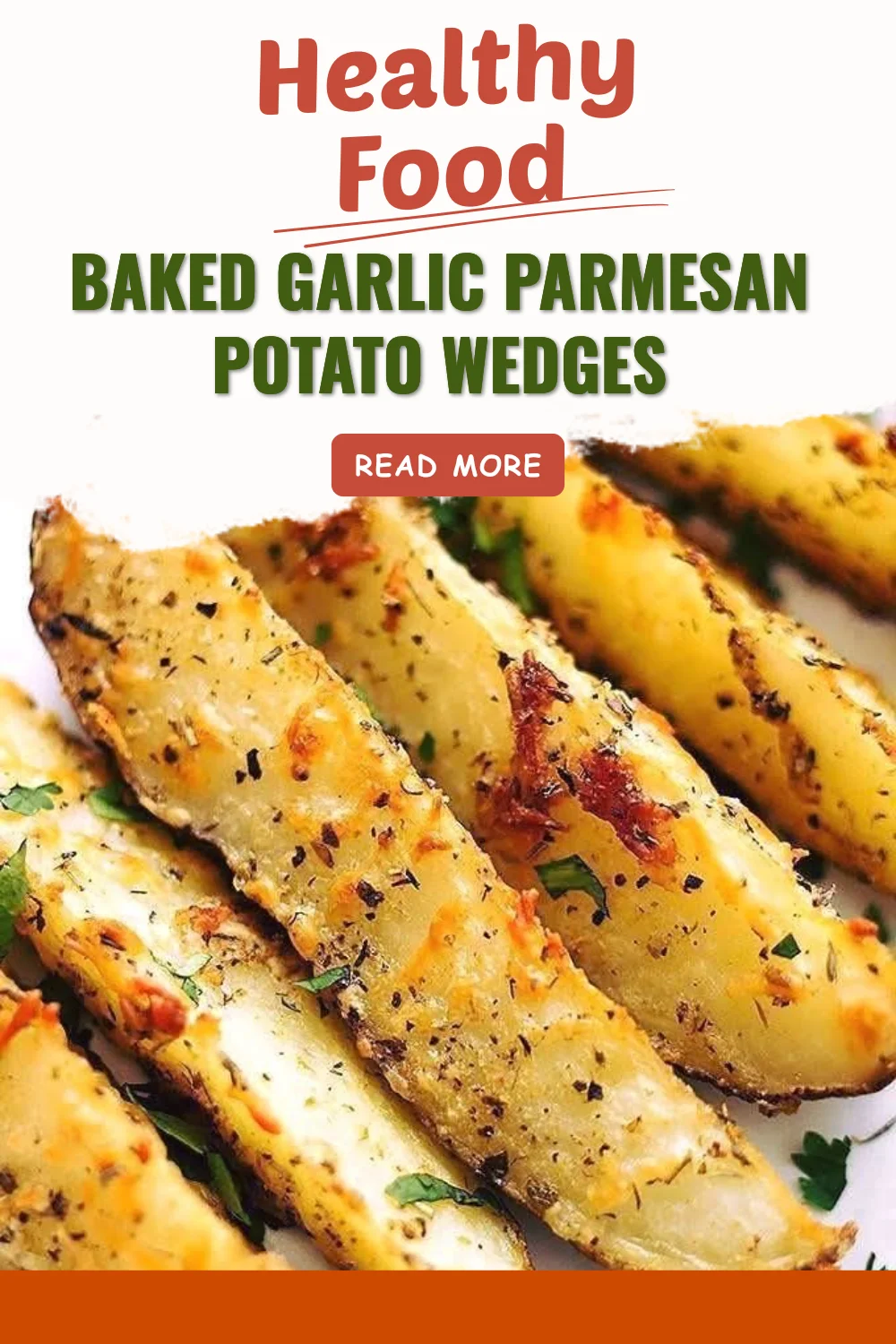 Baked garlic parmesan potato wedges on a plate garnished with herbs