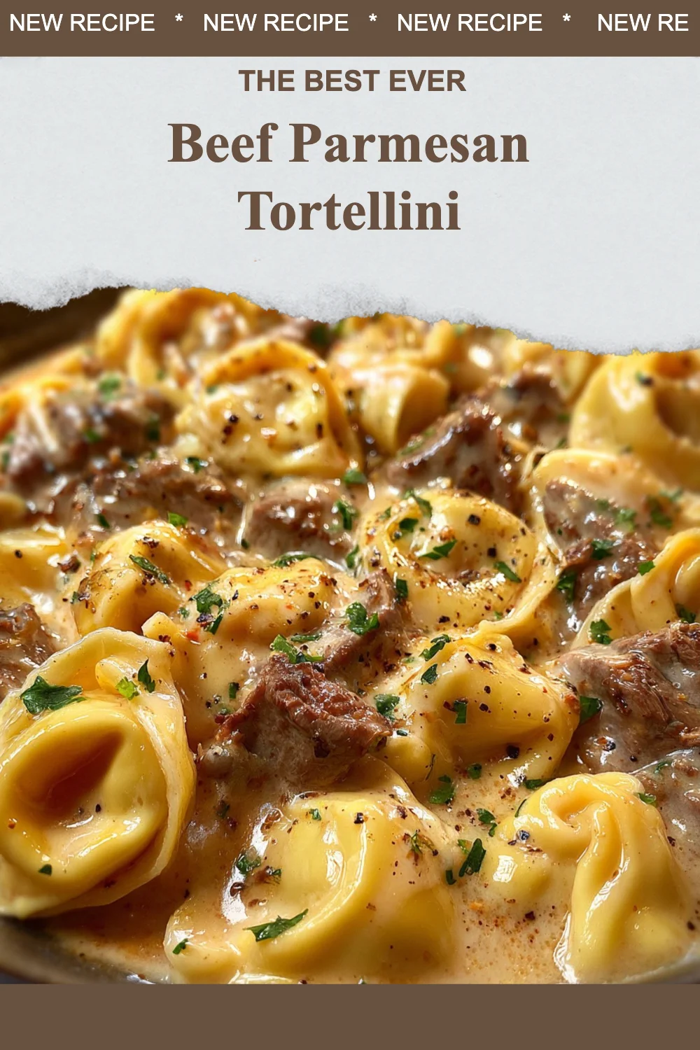Delicious Beef Parmesan Tortellini served in a creamy sauce with parsley garnish