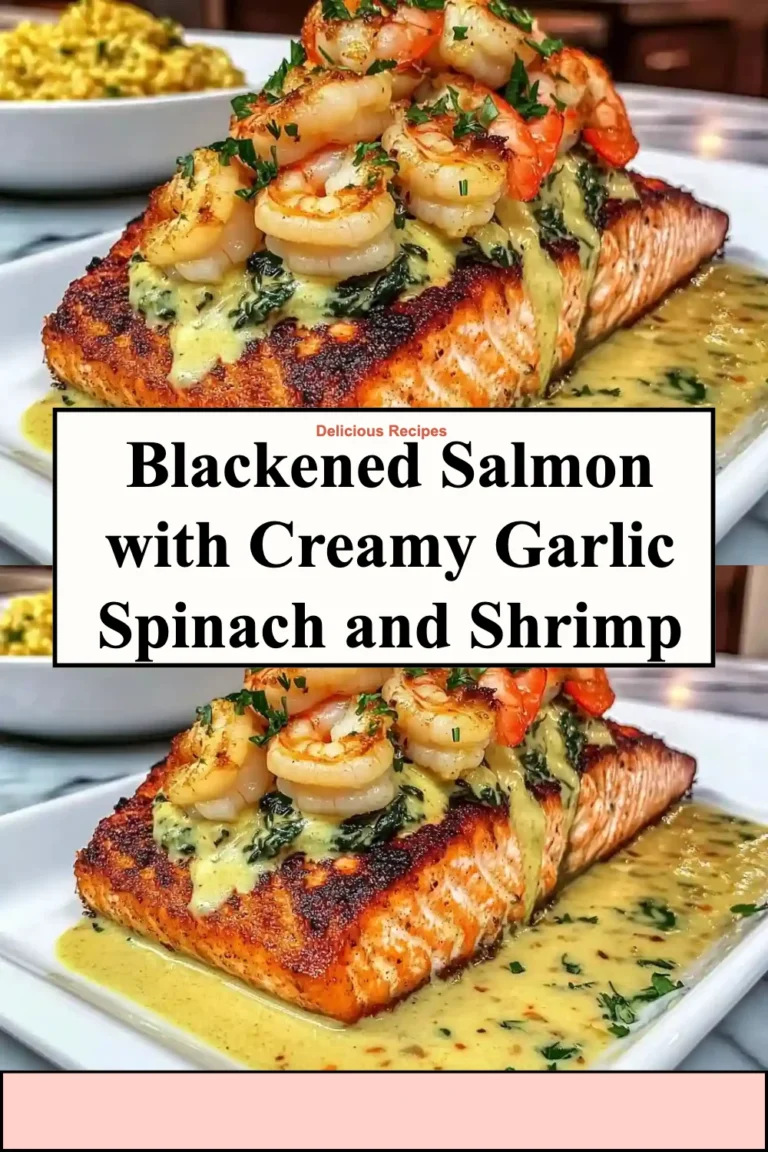 Plate of blackened salmon with creamy garlic spinach and shrimp