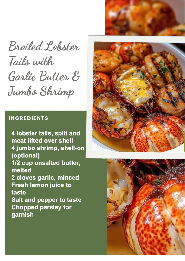 Broiled lobster tails with garlic butter served alongside jumbo shrimp