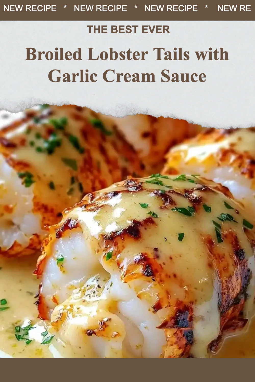 Broiled lobster tails with garlic cream sauce served on a plate