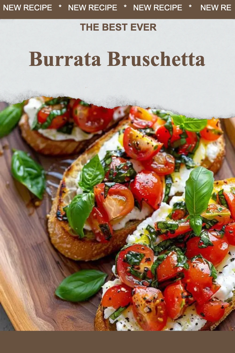 Delicious Burrata Bruschetta topped with fresh tomatoes and basil on toasted bread