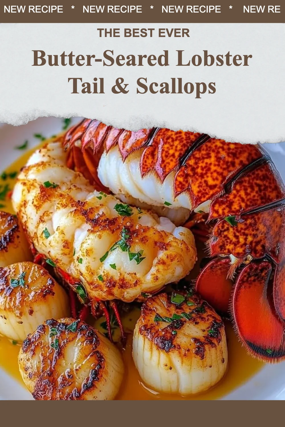 Delicious butter-seared lobster tail and scallops on a white plate