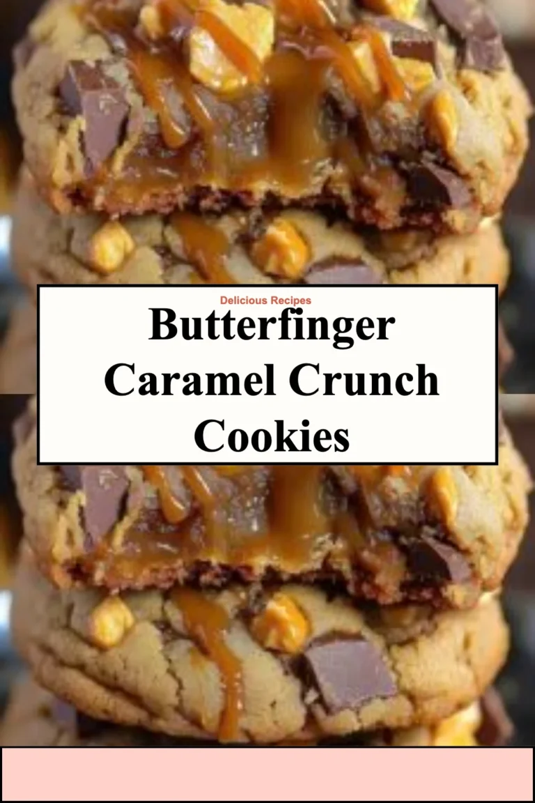 Plate of Butterfinger Caramel Crunch Cookies with melted caramel drizzle