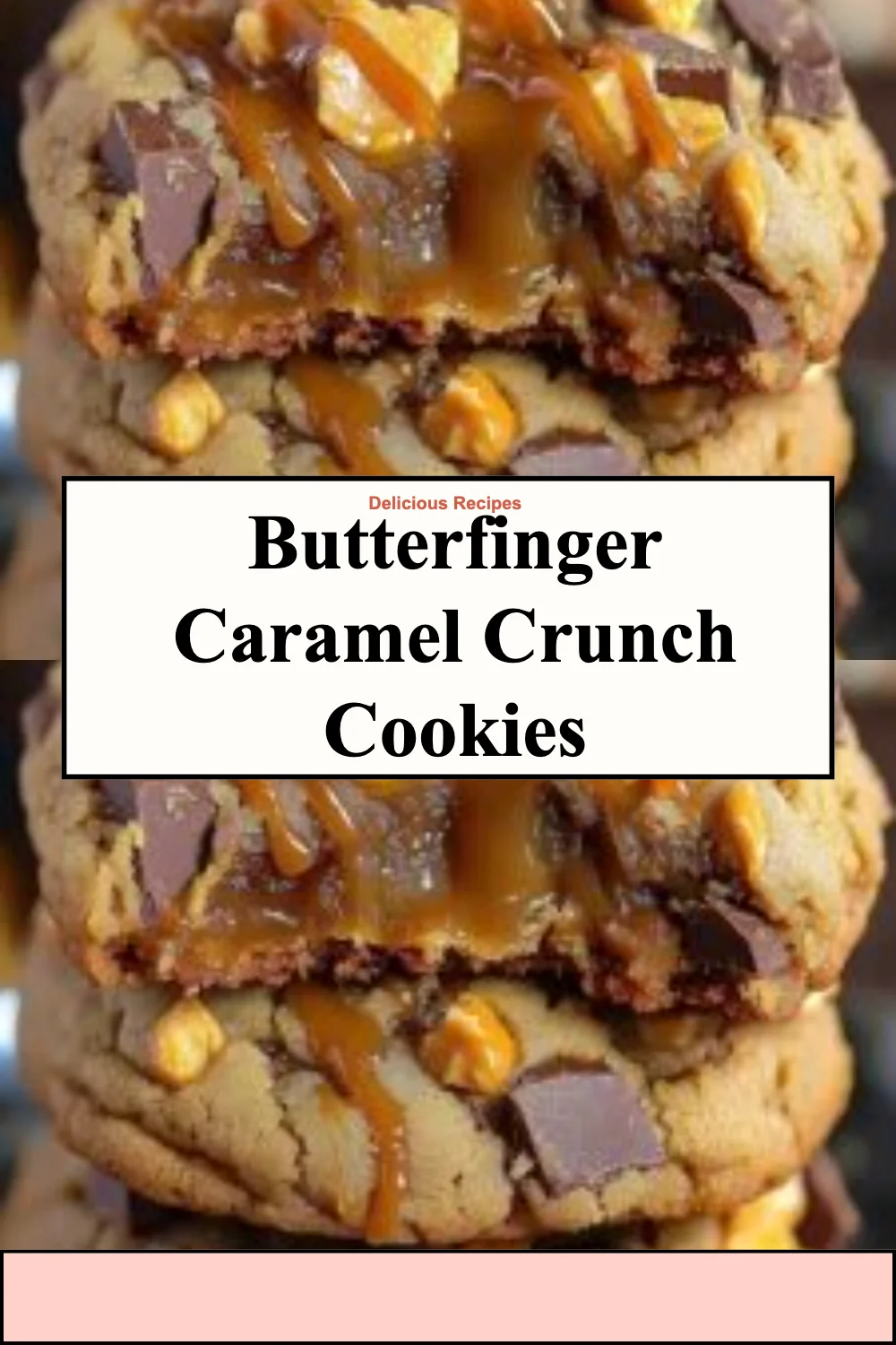 Plate of Butterfinger Caramel Crunch Cookies with melted caramel drizzle