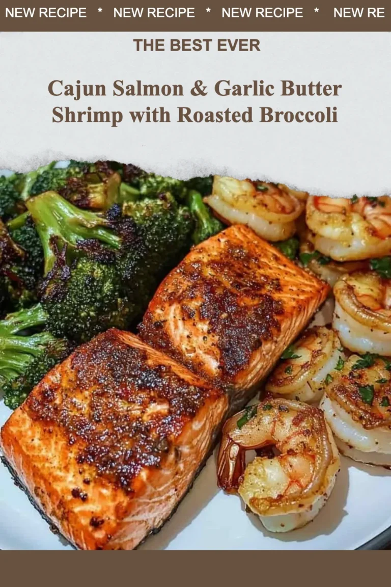 Cajun Salmon and Garlic Butter Shrimp plated with roasted broccoli
