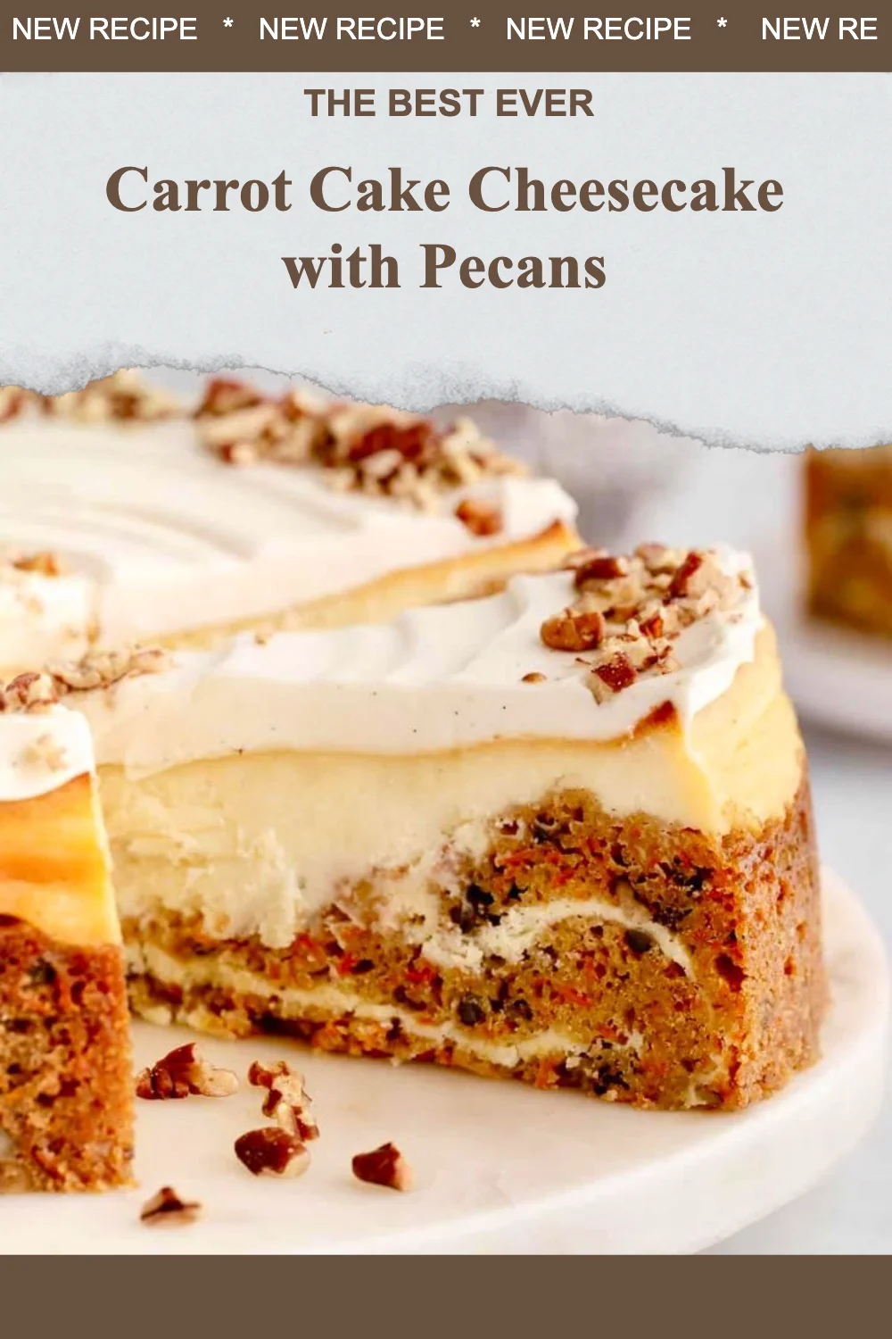 Delicious carrot cake cheesecake topped with pecans on a plate