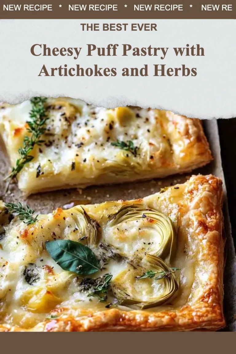 Cheesy puff pastry with artichokes and herbs on a plate