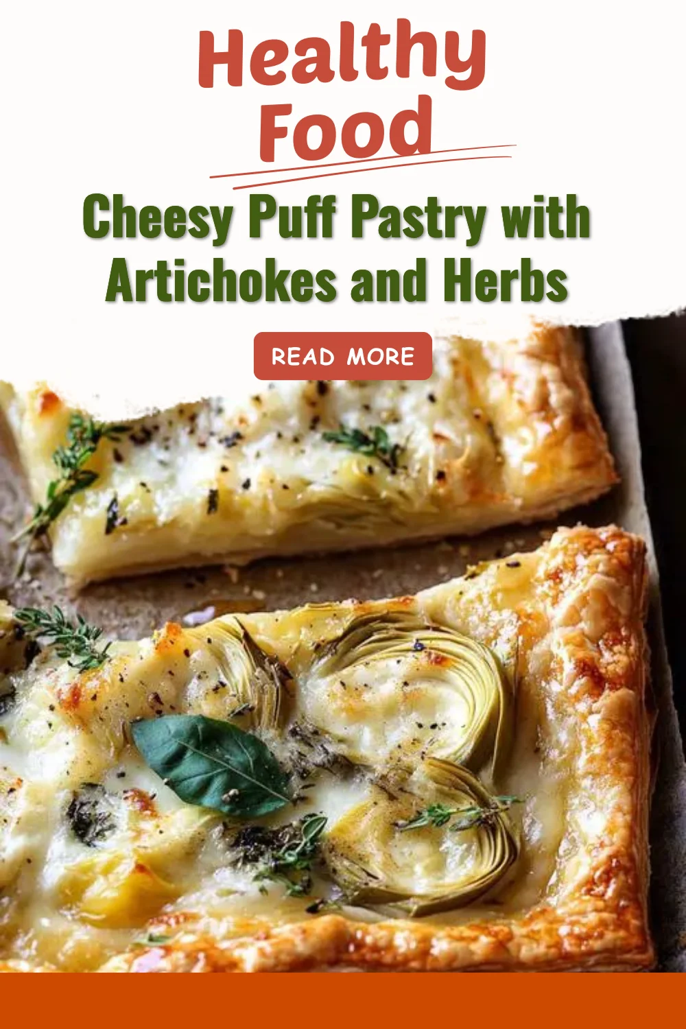 Cheesy puff pastry with artichokes and herbs on a rustic table