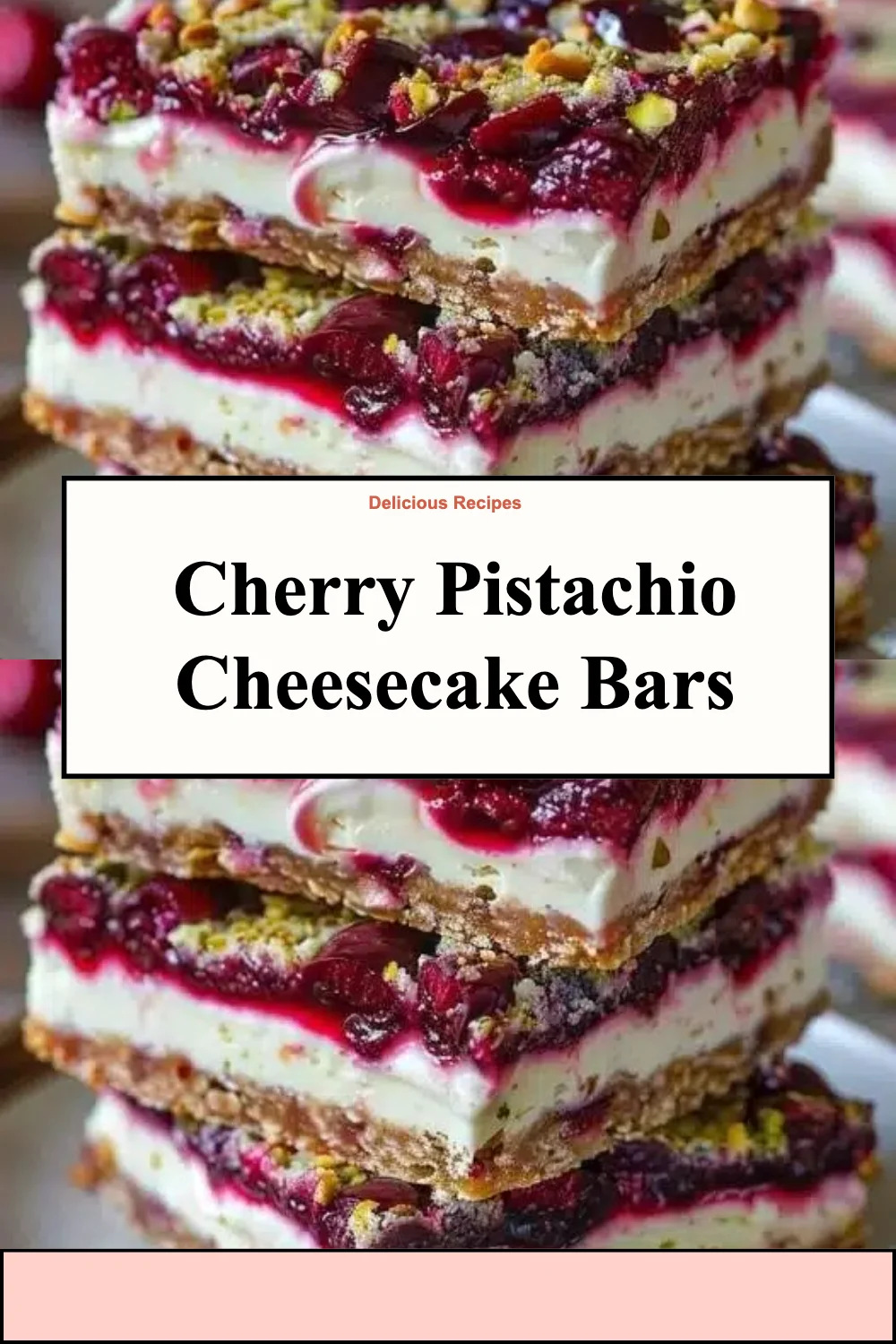 Cherry Pistachio Cheesecake Bars topped with cherries and pistachios