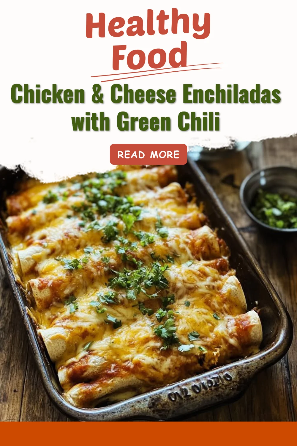Chicken Enchiladas with cheese and green chili on a plate
