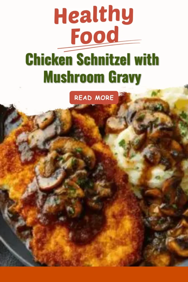 Plate of Chicken Schnitzel with Mushroom Gravy served with vegetables