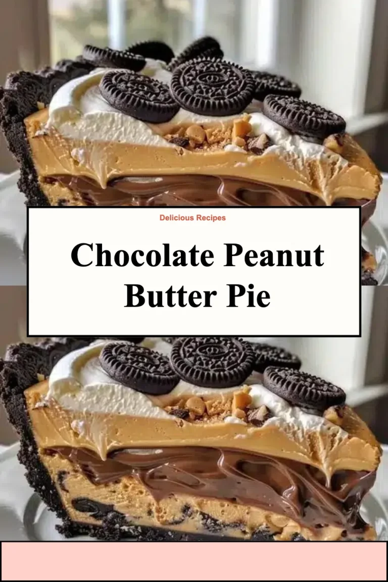 Delicious slice of Chocolate Peanut Butter Pie topped with chocolate drizzle