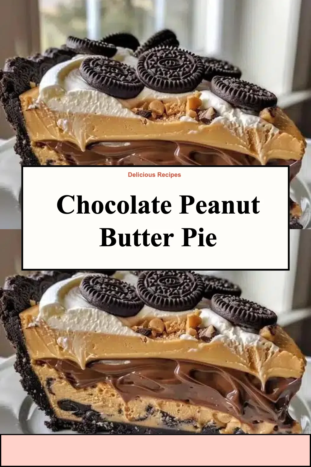 Delicious slice of Chocolate Peanut Butter Pie topped with chocolate drizzle