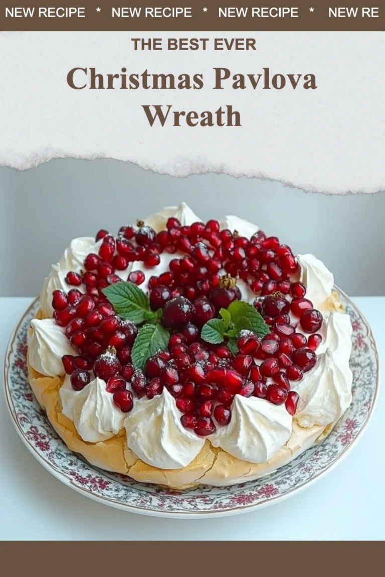 Delicious Christmas Pavlova Wreath decorated with fresh fruits and whipped cream