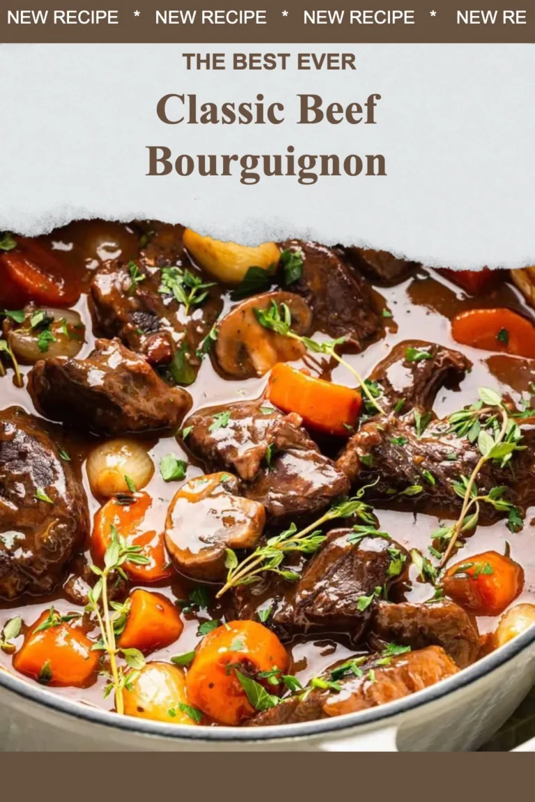 A pot of classic Beef Bourguignon with vegetables and herbs simmering.