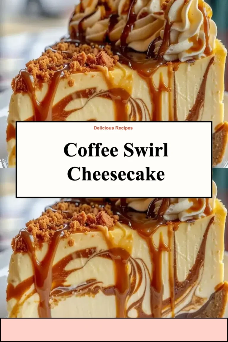 Delicious sliced Coffee Swirl Cheesecake with coffee drizzle on top.