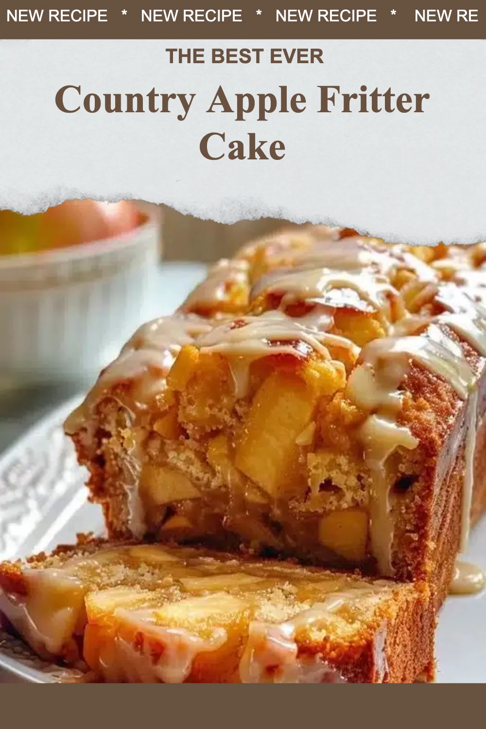 Sliced Country Apple Fritter Cake with apples and icing on a rustic table