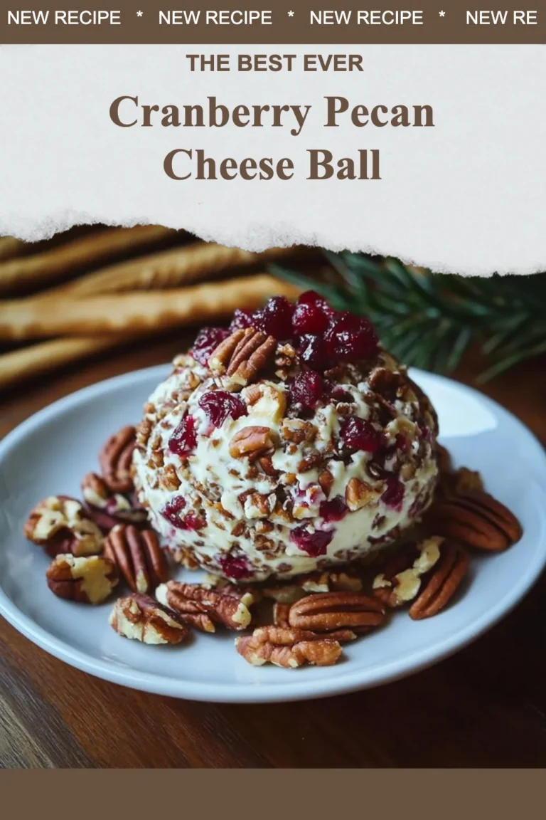 Cranberry Pecan Cheese Ball garnished with nuts and berries on a wooden platter