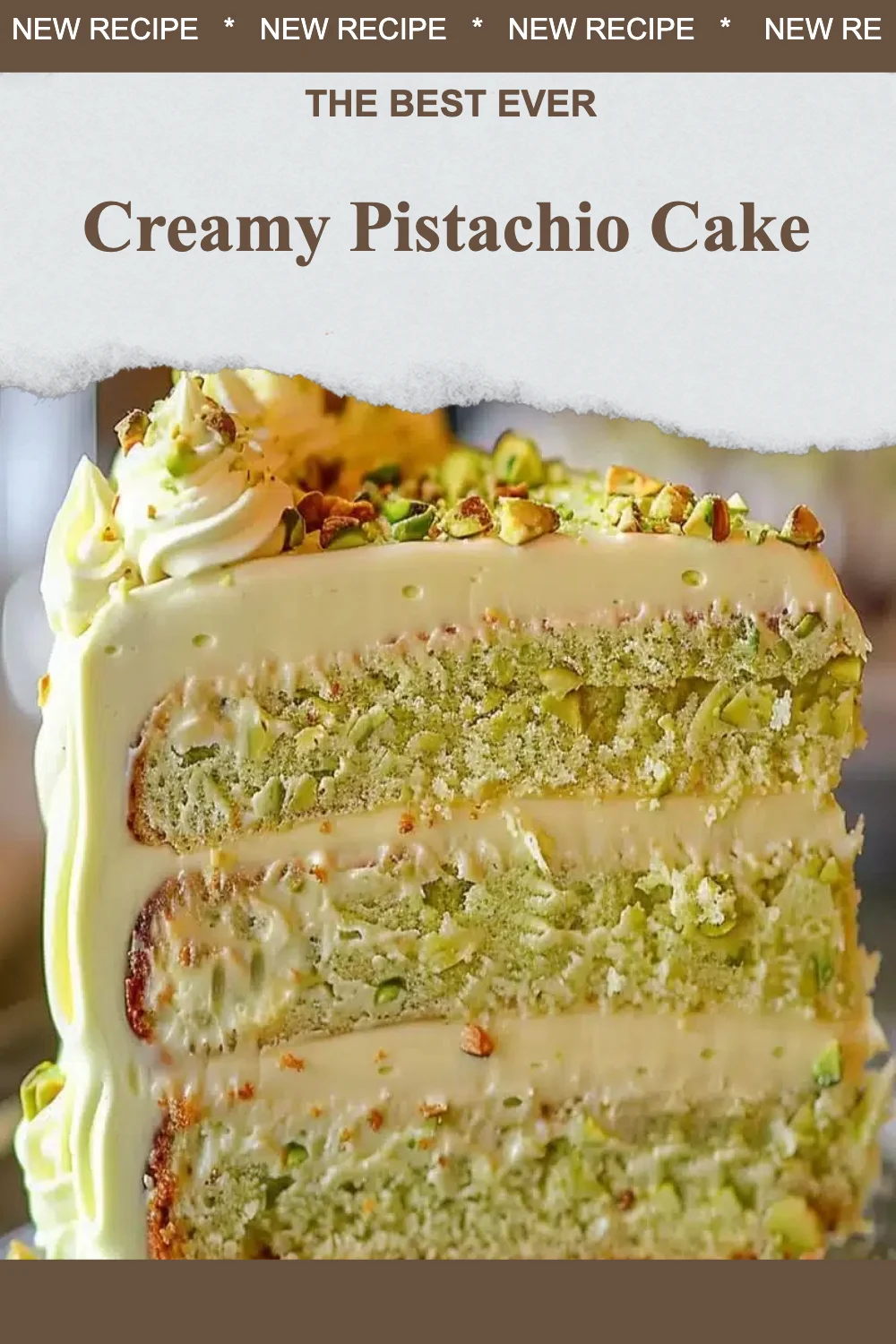 Delicious creamy pistachio cake with a smooth frosting and nutty topping