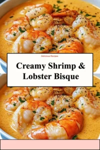 Bowl of creamy shrimp and lobster bisque garnished with fresh herbs.