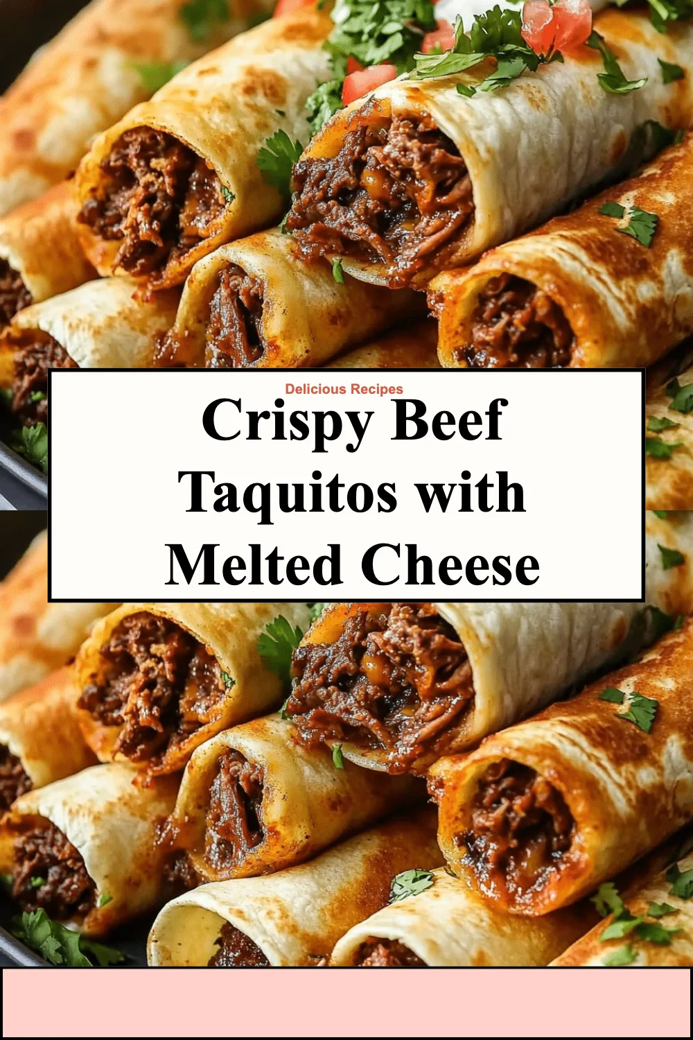 Crispy beef taquitos topped with melted cheese, ready to be served.
