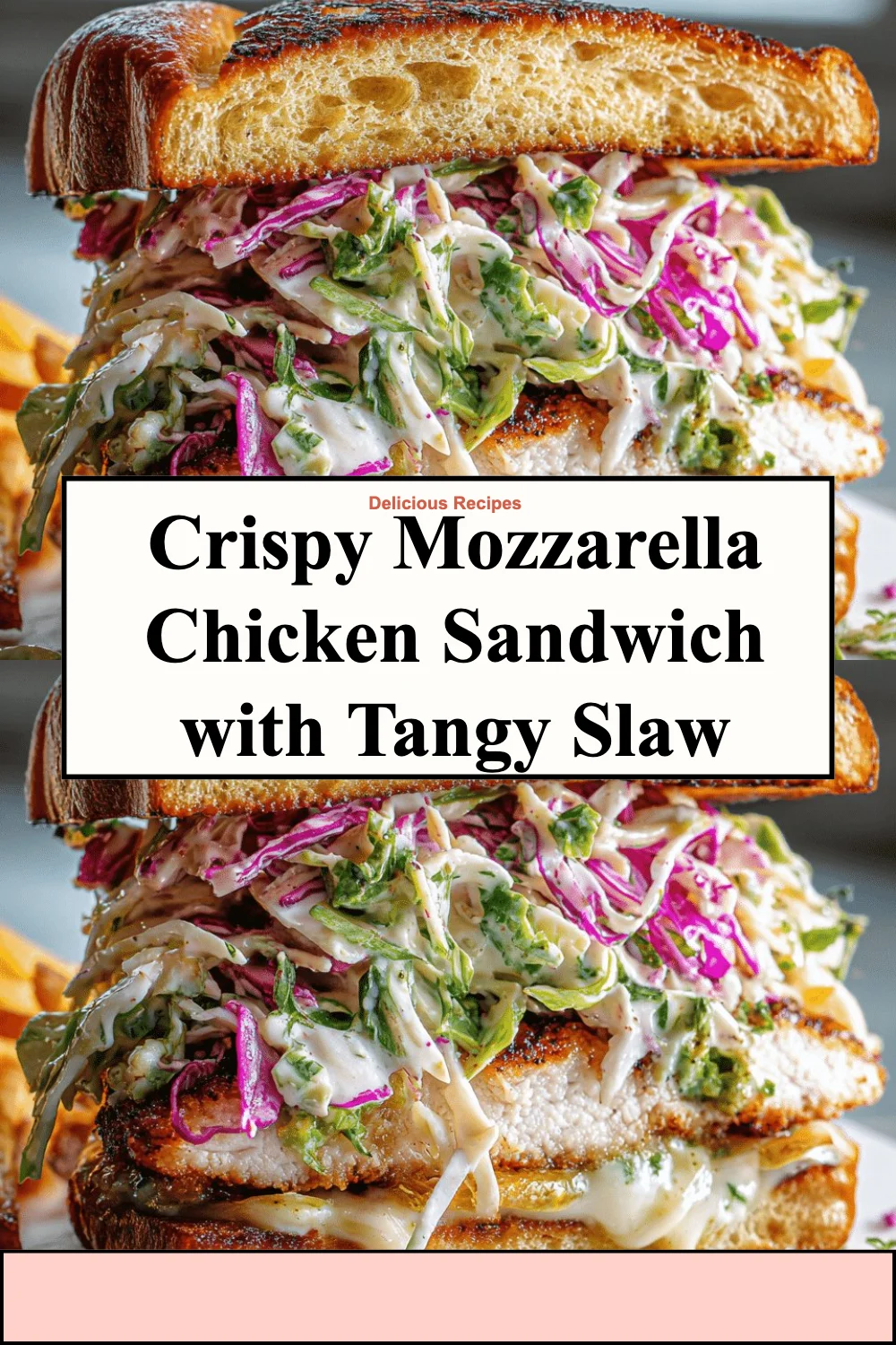 Crispy mozzarella chicken sandwich served with tangy slaw on a plate.