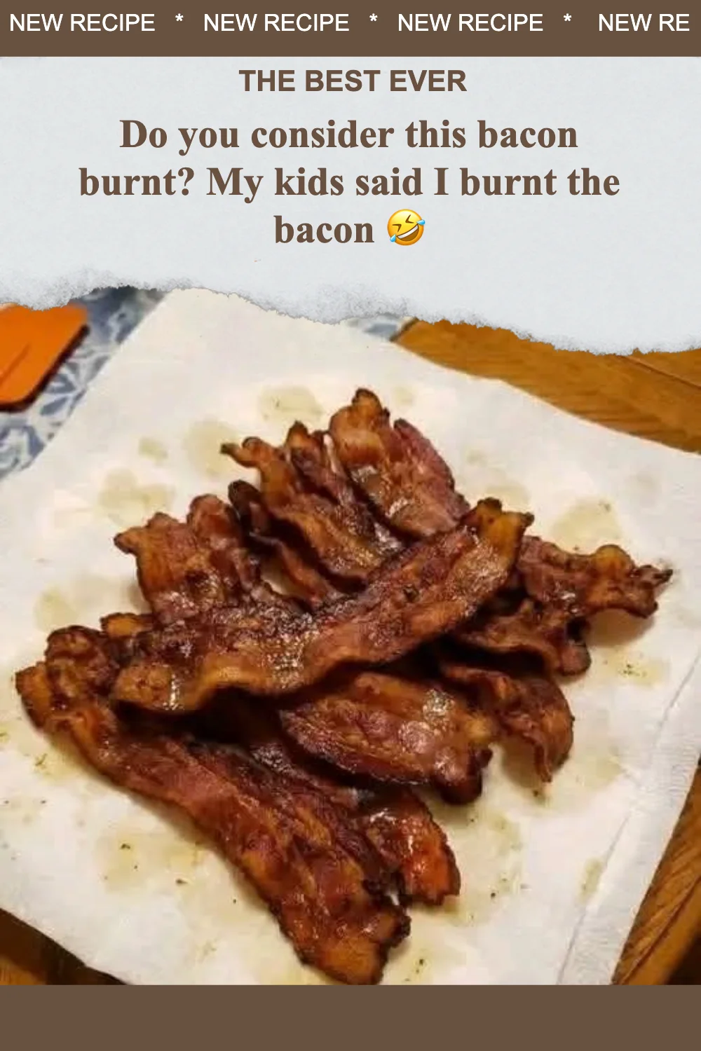 Burnt bacon on a plate, kids reacting to a cooking mishap.