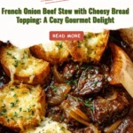 Delicious French Onion Beef Stew with a crispy cheesy bread topping