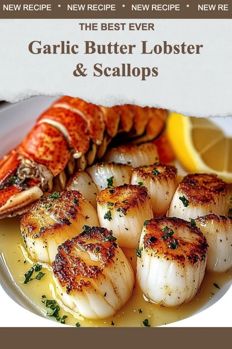 Delicious Garlic Butter Lobster and Scallops dish served with melted garlic butter.