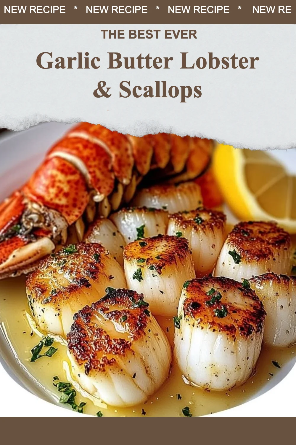 Delicious Garlic Butter Lobster and Scallops dish served with melted garlic butter.